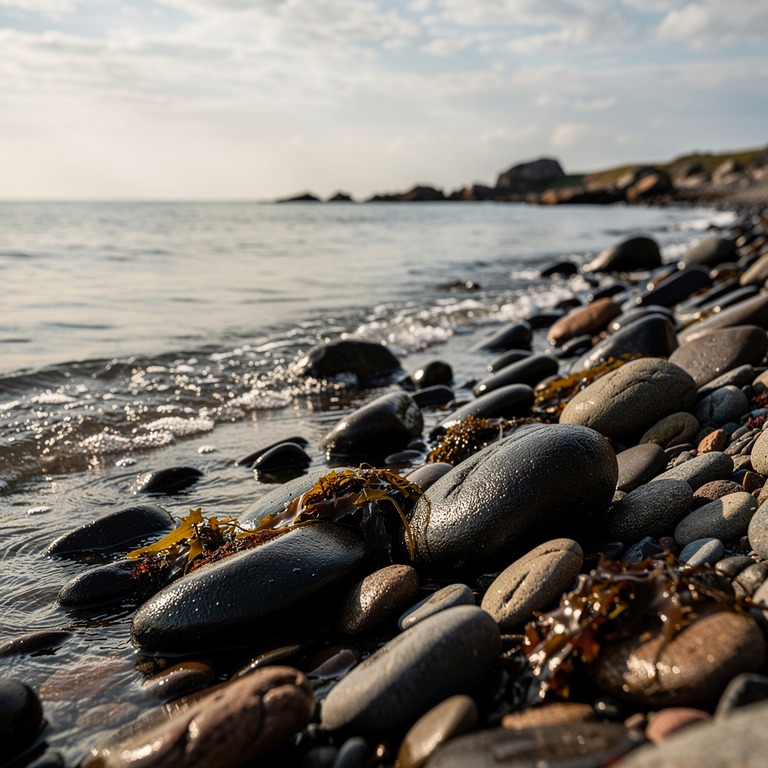 A serene, rocky shoreline at low tide, with waves gently lap... | ShopAyahuascaRetreats