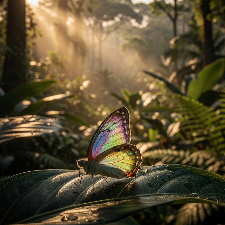 A shimmering, iridescent butterfly perches on a velvety, dar... | ShopAyahuascaRetreats