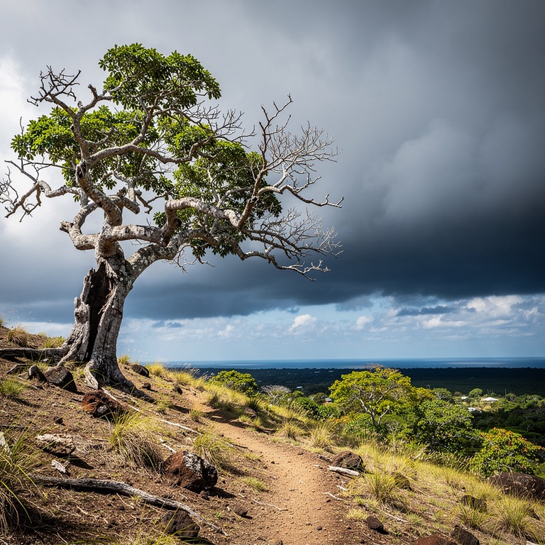 A solitary, ancient, gnarled tree stands on a barren, windsw... | ShopAyahuascaRetreats