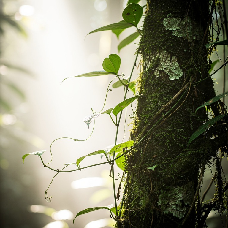 A solitary ayahuasca vine unfurls its leaves in dappled jung... | ShopAyahuascaRetreats