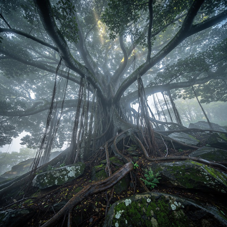 A sprawling, ancient banyan tree with thick, gnarled roots a... | ShopAyahuascaRetreats