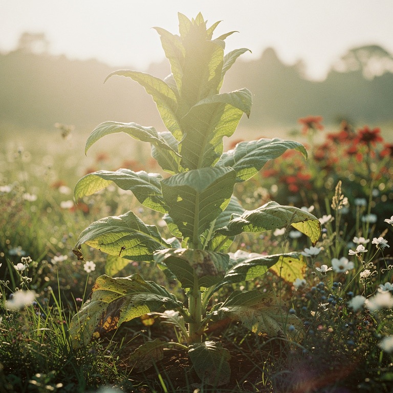 A tobacco plant grows tall and green in a lush, sun-drenched... | ShopAyahuascaRetreats