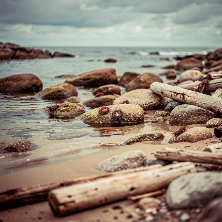 A tranquil ocean cove at low tide, featuring a sandy shore l... | ShopAyahuascaRetreats