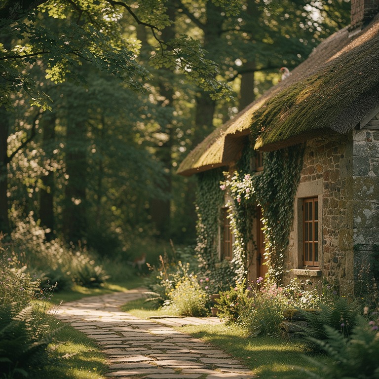 A tranquil stone cottage nestled among tall trees, with a th... | ShopAyahuascaRetreats