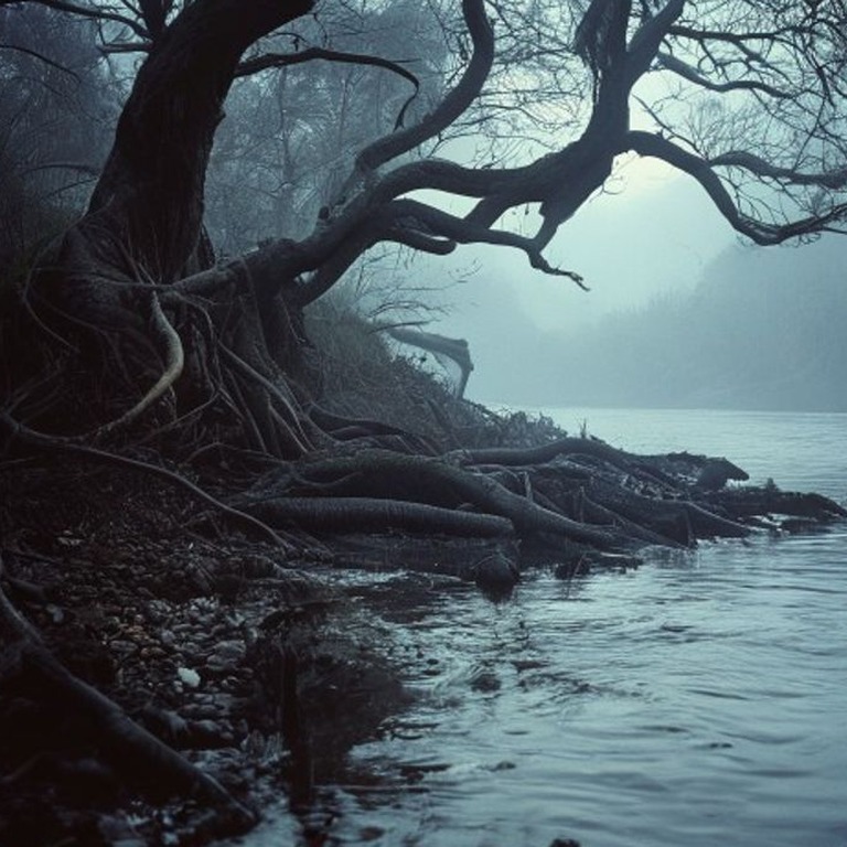 A twisted, gnarled tree root system exposed on a riverbank a... | ShopAyahuascaRetreats