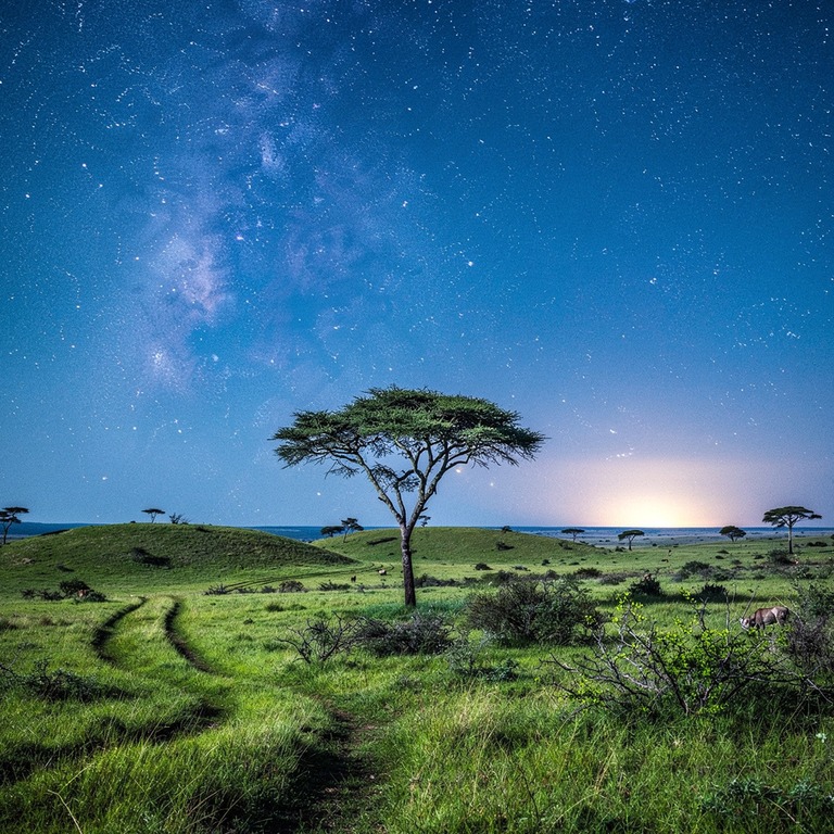 A vast, rolling savannah under a starry night sky, with the ... | ShopAyahuascaRetreats