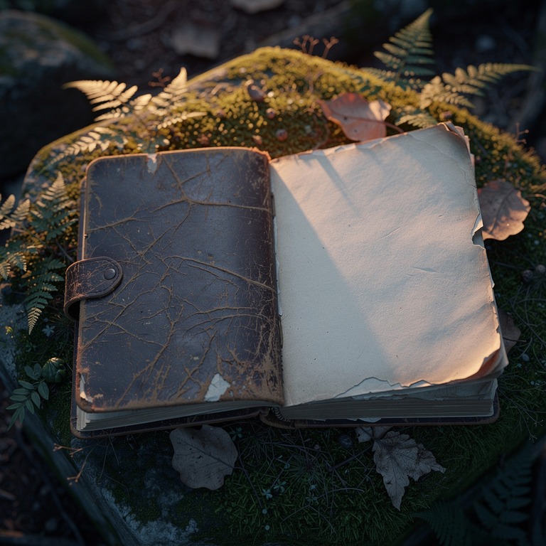 A worn, leather-bound book lies open on a moss-covered stone... | ShopAyahuascaRetreats
