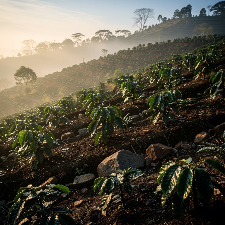 Coffee plantation hillside at dawn, mist between rows of pla... | ShopAyahuascaRetreats