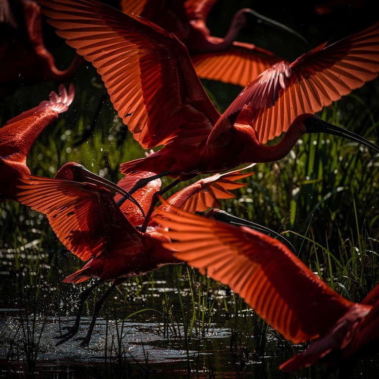 Flock of scarlet ibises taking off from a marshland | ShopAyahuascaRetreats