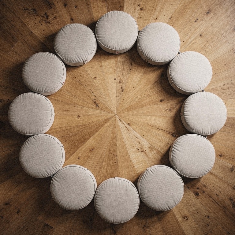 Meditation cushions arranged in a circle on a wooden floor | ShopAyahuascaRetreats