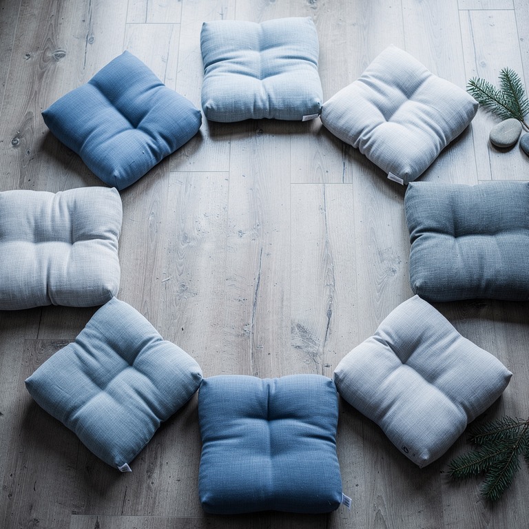 Meditation cushions arranged in a circle on a wooden floor | ShopAyahuascaRetreats