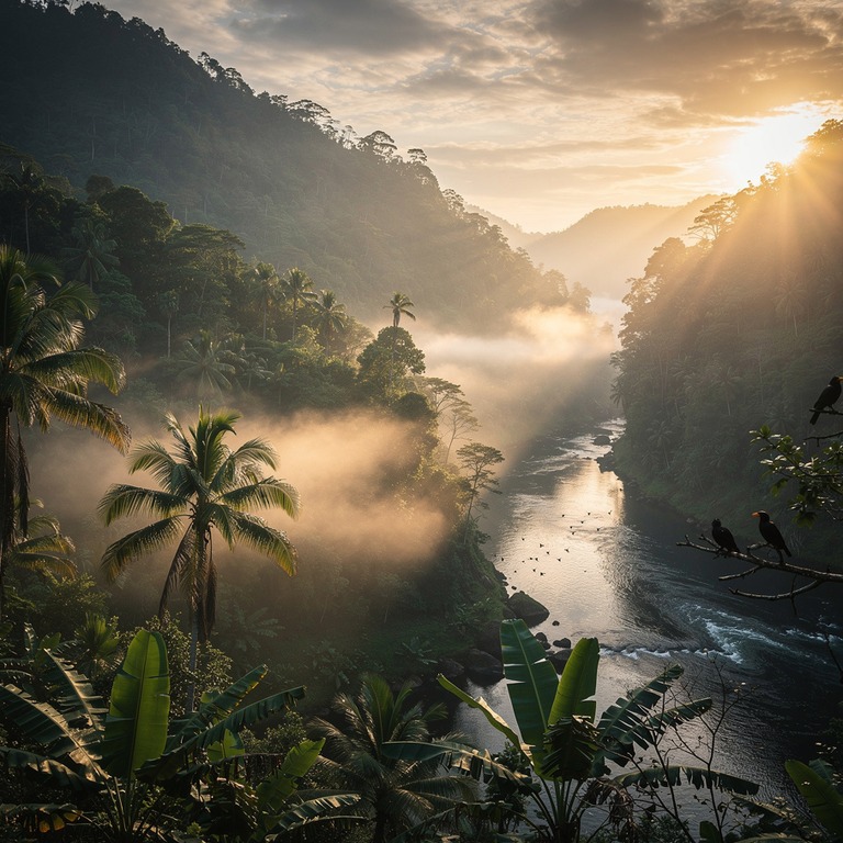 Mist hanging low over a tropical valley at sunrise | ShopAyahuascaRetreats