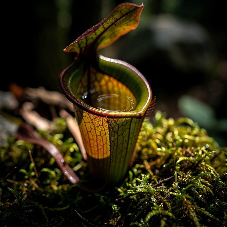 Pitcher plant nestled in moss, water collected inside the cu... | ShopAyahuascaRetreats