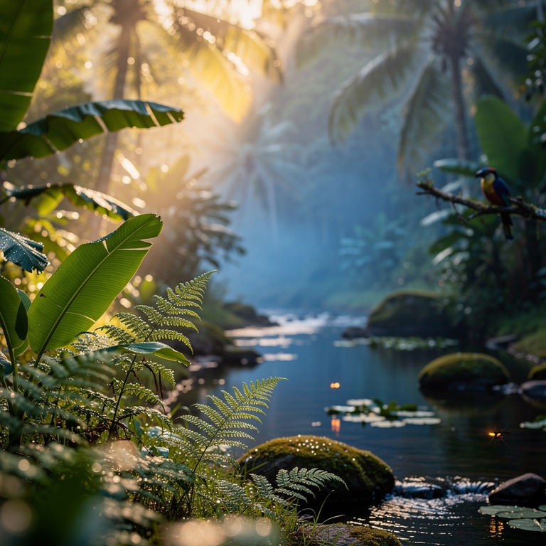 Pre-dawn jungle, deep blue tones with first golden light fil... | ShopAyahuascaRetreats