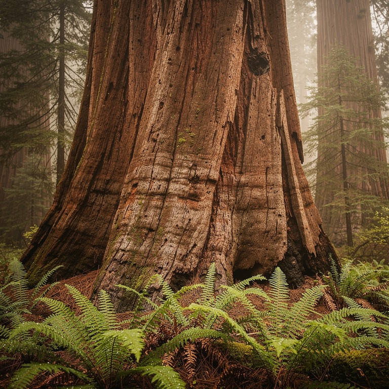 Sequoia trunk filling the frame, massive scale, ferns at bas... | ShopAyahuascaRetreats