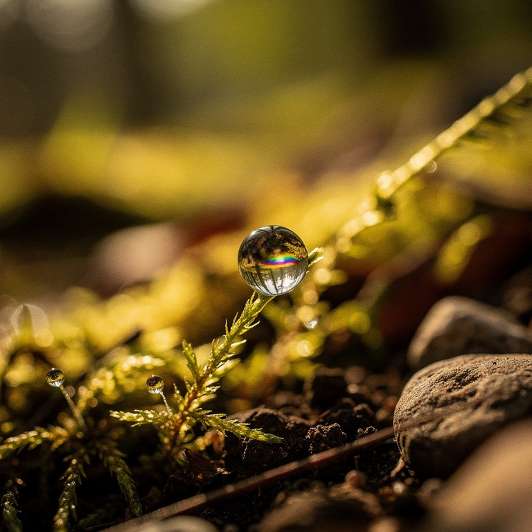 Single drop of dew on a moss tip, refracted rainbow inside | ShopAyahuascaRetreats