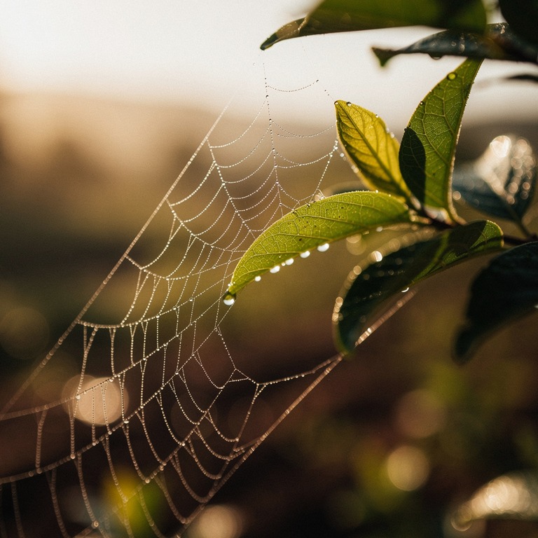 Spider's web stretched between two leaves with morning dew | ShopAyahuascaRetreats