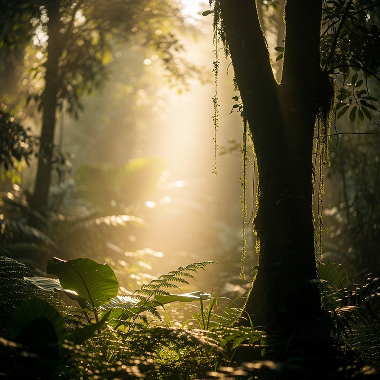 Sunbeam piercing through deep rainforest mist, layered green... | ShopAyahuascaRetreats