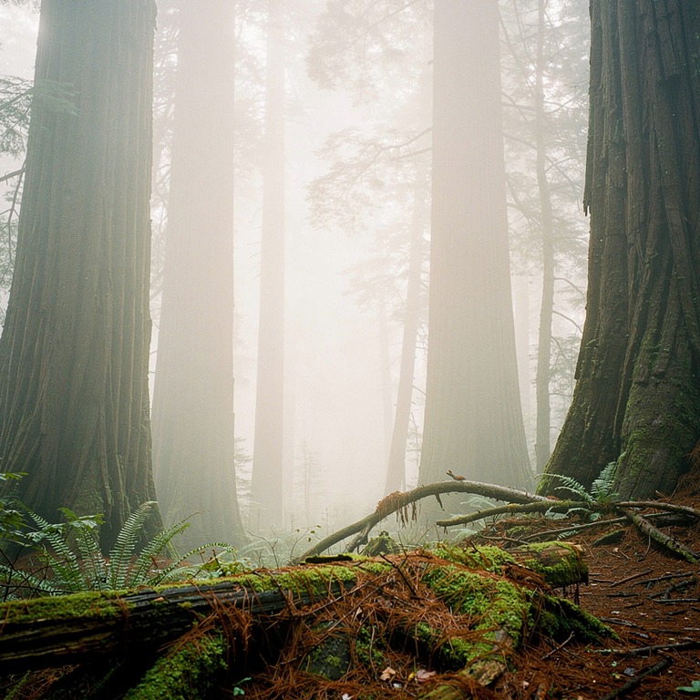 Thick morning fog rolling through redwood trunks | ShopAyahuascaRetreats