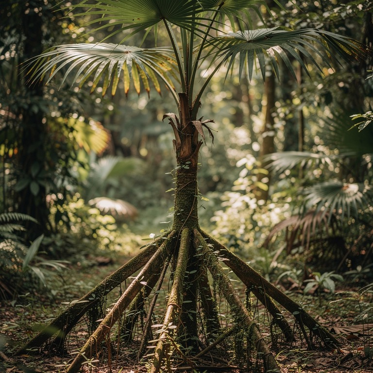 Walking palm tree with stilted exposed roots, low jungle lig... | ShopAyahuascaRetreats