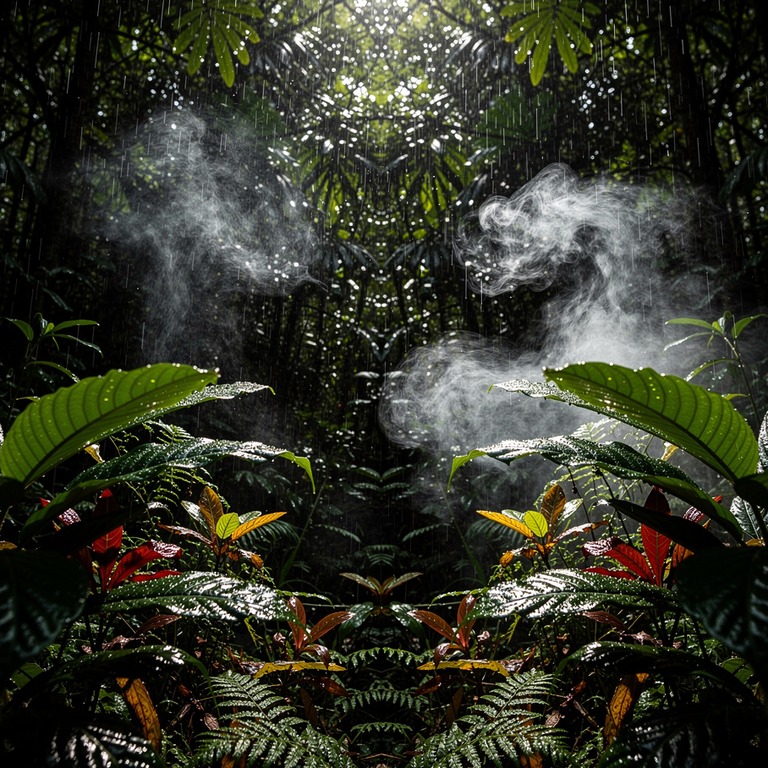 Wisps of steam rising from wet rainforest leaves after a dow... | ShopAyahuascaRetreats
