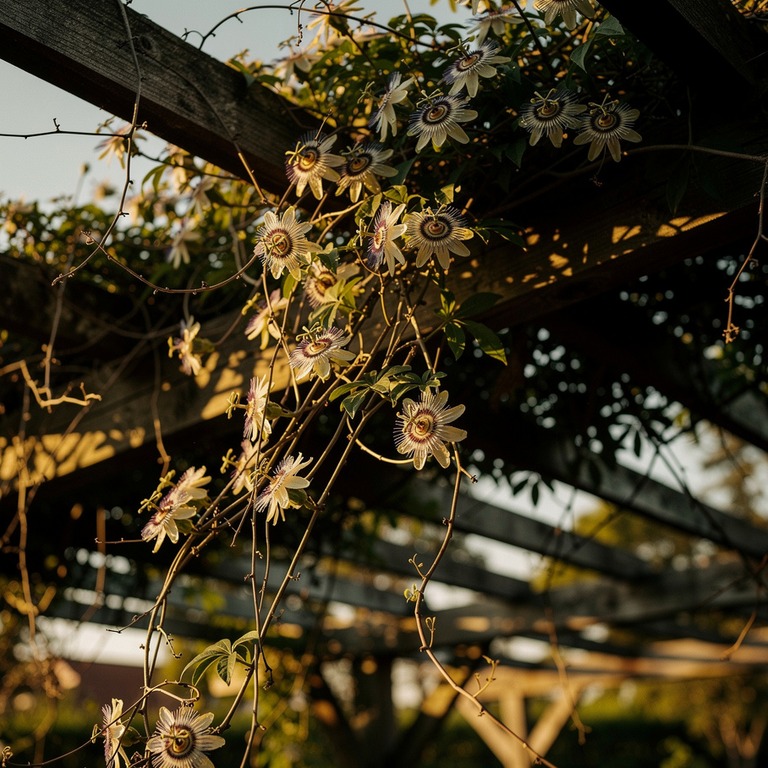 A blooming passionflower vine cascading down a wooden trelli... | ShopAyahuascaRetreats