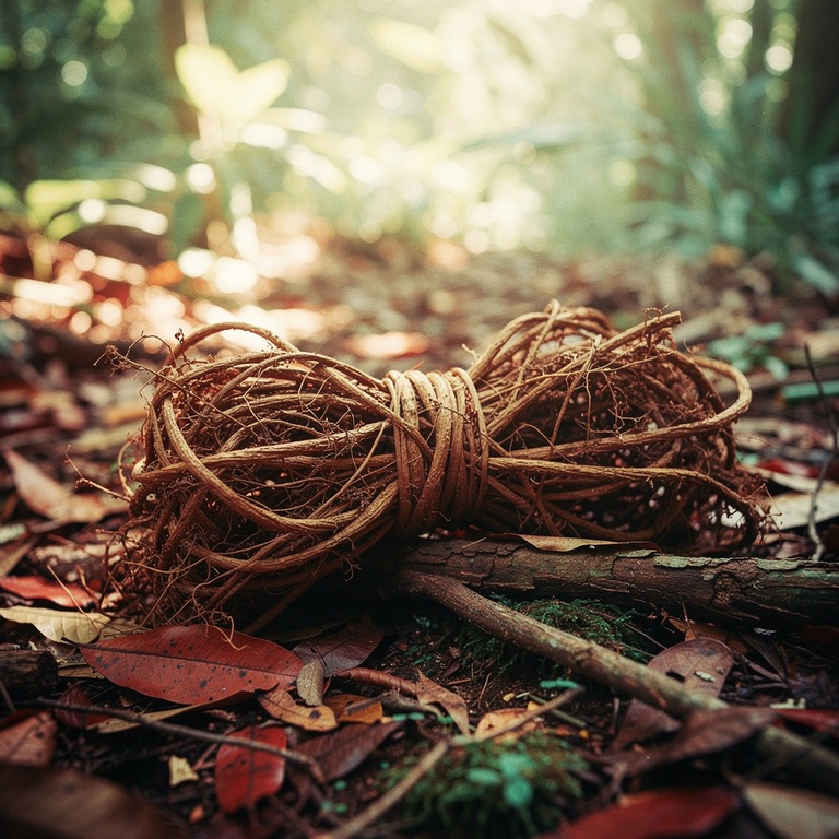 A bundle of dried ayahuasca vines tied together on a forest ... | ShopAyahuascaRetreats