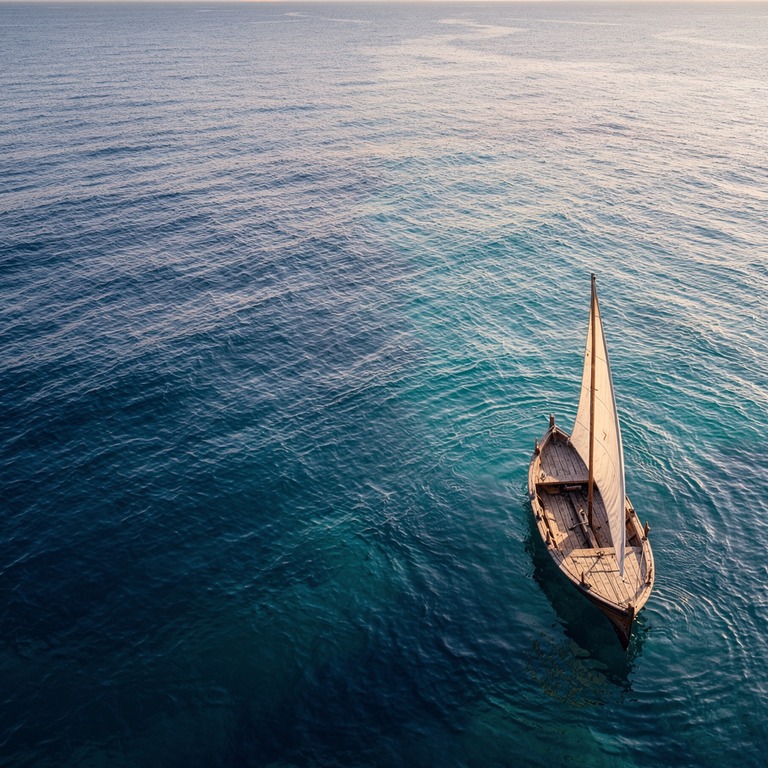 A calm sea at dawn, with a small wooden sailboat drifting on... | ShopAyahuascaRetreats