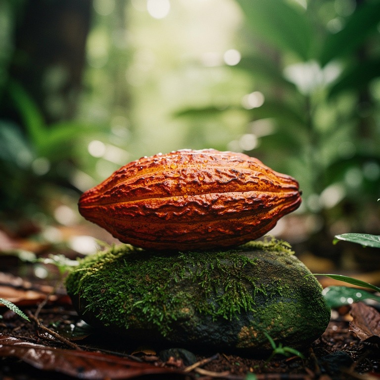 A close-up of a cacao pod on a moss-covered stone, with soft... | ShopAyahuascaRetreats