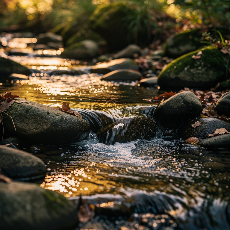 A close-up of a gentle stream flowing over smooth rocks, wit... | ShopAyahuascaRetreats