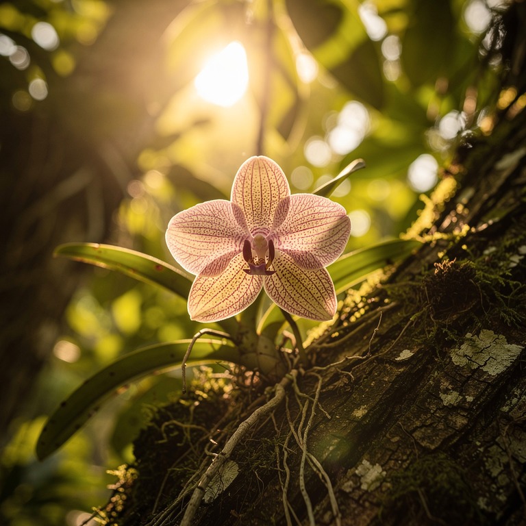 A close-up of a single, delicate orchid bloom on a tree trun... | ShopAyahuascaRetreats