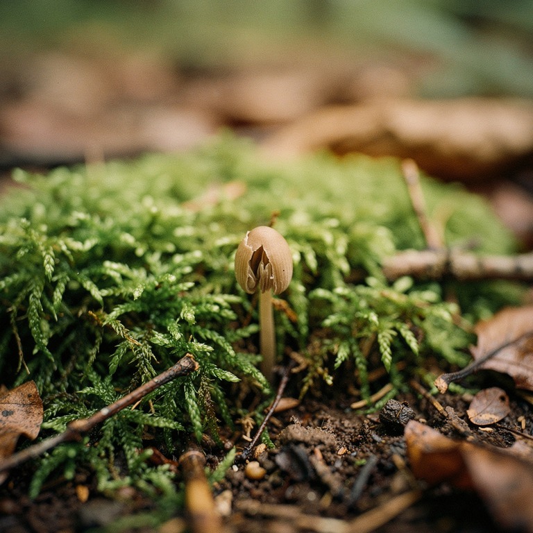 A close-up of a sprouting, tiny psilocybin mushroom, its cap... | ShopAyahuascaRetreats