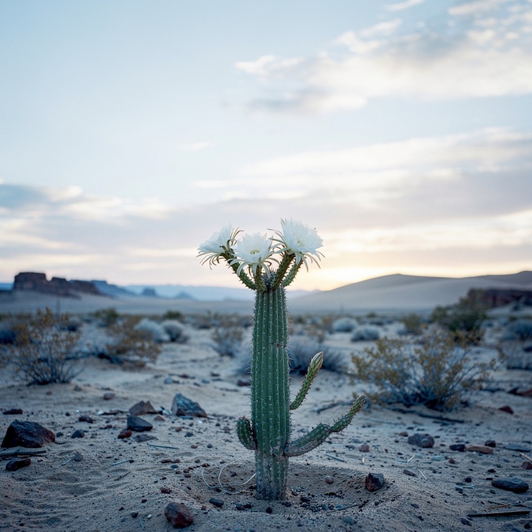 A delicate, blooming San Pedro cactus stands alone in a vast... | ShopAyahuascaRetreats