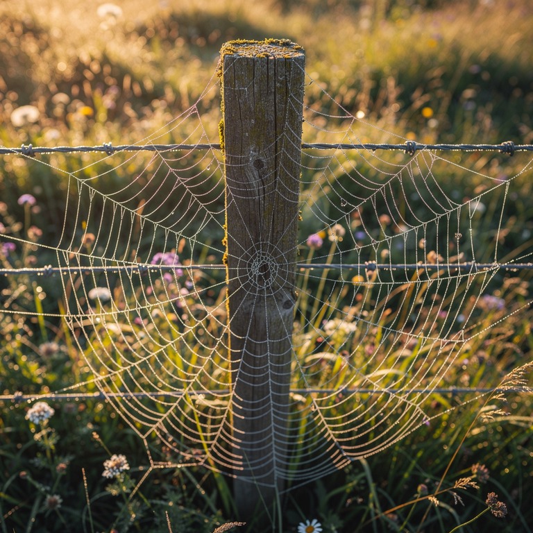 A delicate, dew-covered spider web clings to a fence post in... | ShopAyahuascaRetreats