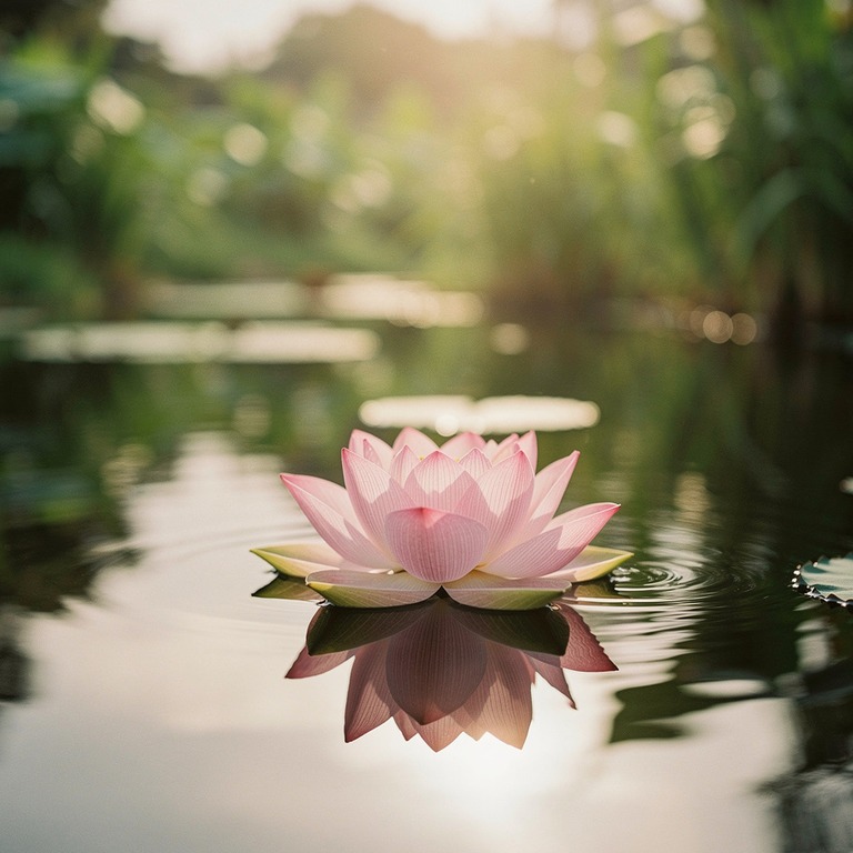 A delicate, single lotus flower blooming on the surface of a... | ShopAyahuascaRetreats