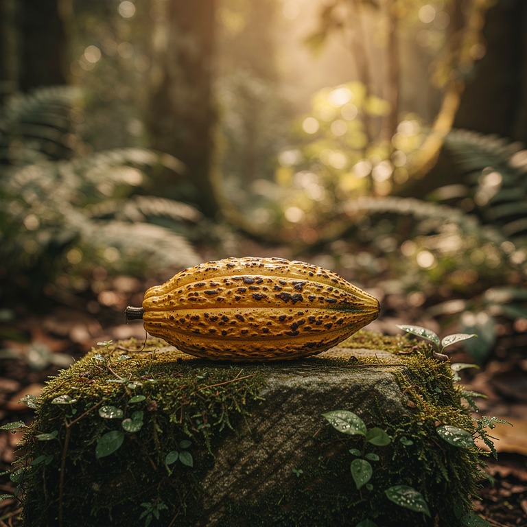 A delicate, solitary cacao pod rests on a moss-covered stone... | ShopAyahuascaRetreats