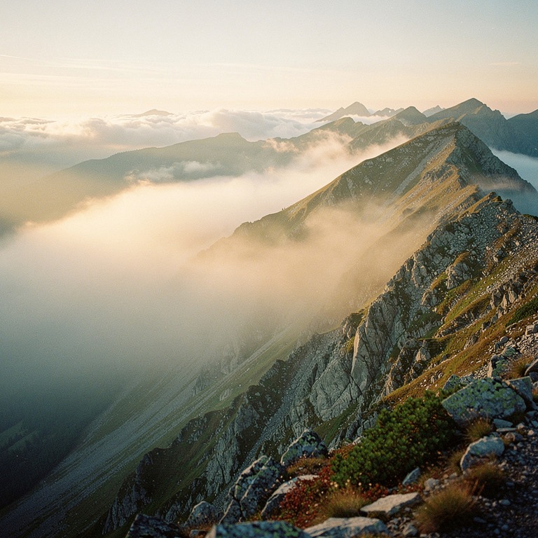 A dramatic, misty mountain ridge at dawn, with the sun's ray... | ShopAyahuascaRetreats
