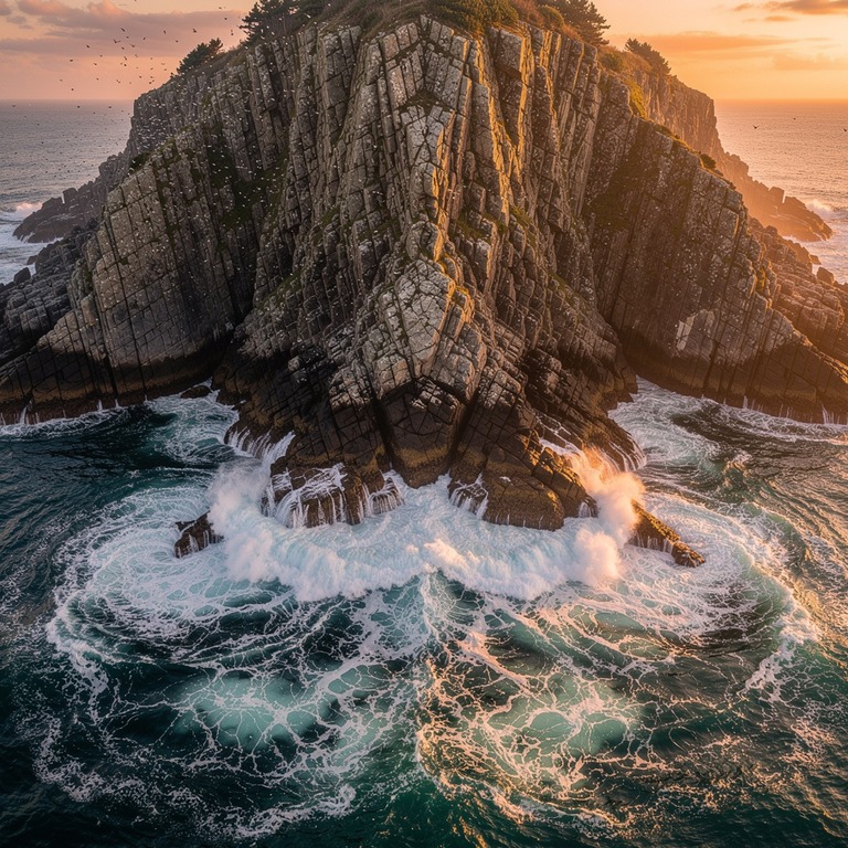 A dramatic, rugged coastline at sunset, with waves crashing ... | ShopAyahuascaRetreats
