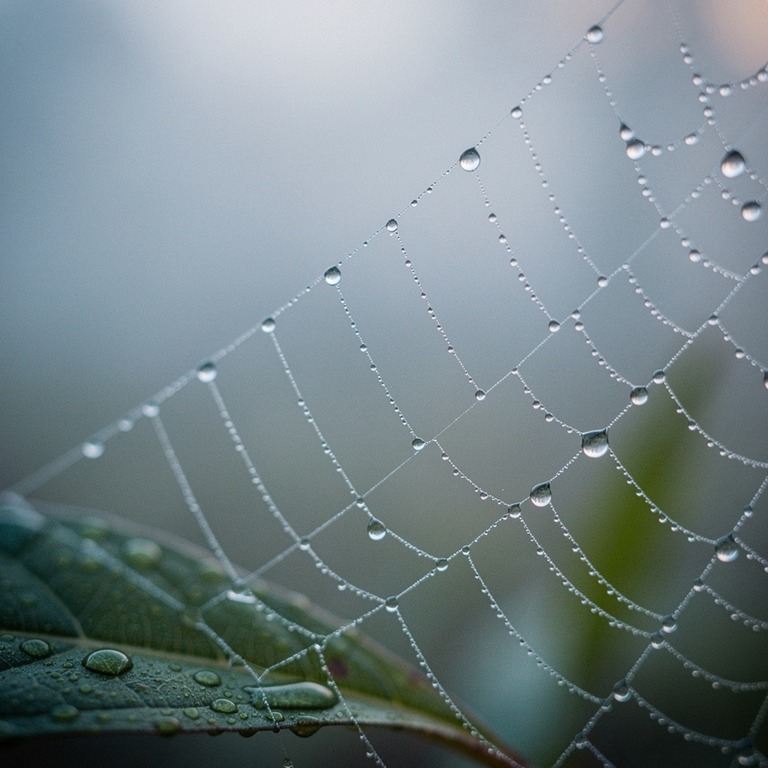 A macro shot of a dewy spider web on a leaf, with delicate w... | ShopAyahuascaRetreats