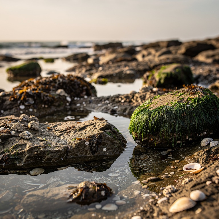A rugged, rocky shoreline at low tide, with a few scattered ... | ShopAyahuascaRetreats
