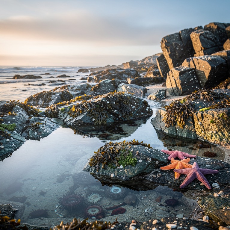 A rugged, rocky shoreline at low tide, with anemones and sta... | ShopAyahuascaRetreats