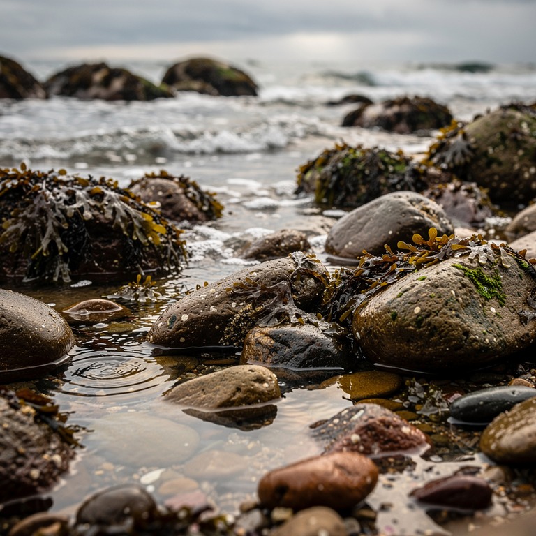A rugged, rocky shoreline at low tide, with waves gently lap... | ShopAyahuascaRetreats