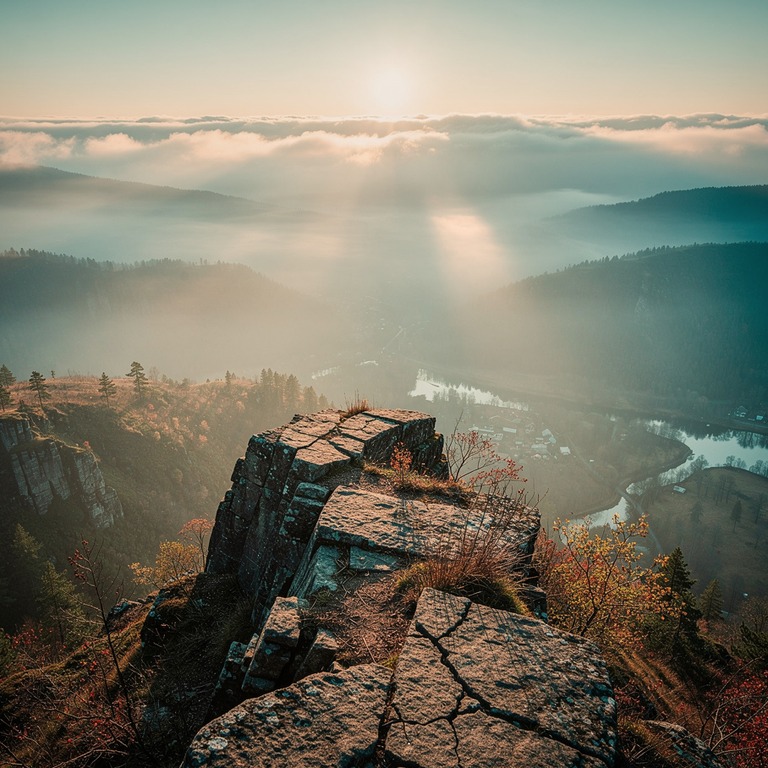A rugged, weathered stone cliff overlooking a vast, misty va... | ShopAyahuascaRetreats