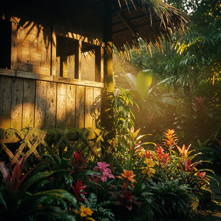 A serene jungle hut at dawn, surrounded by lush green foliag... | ShopAyahuascaRetreats