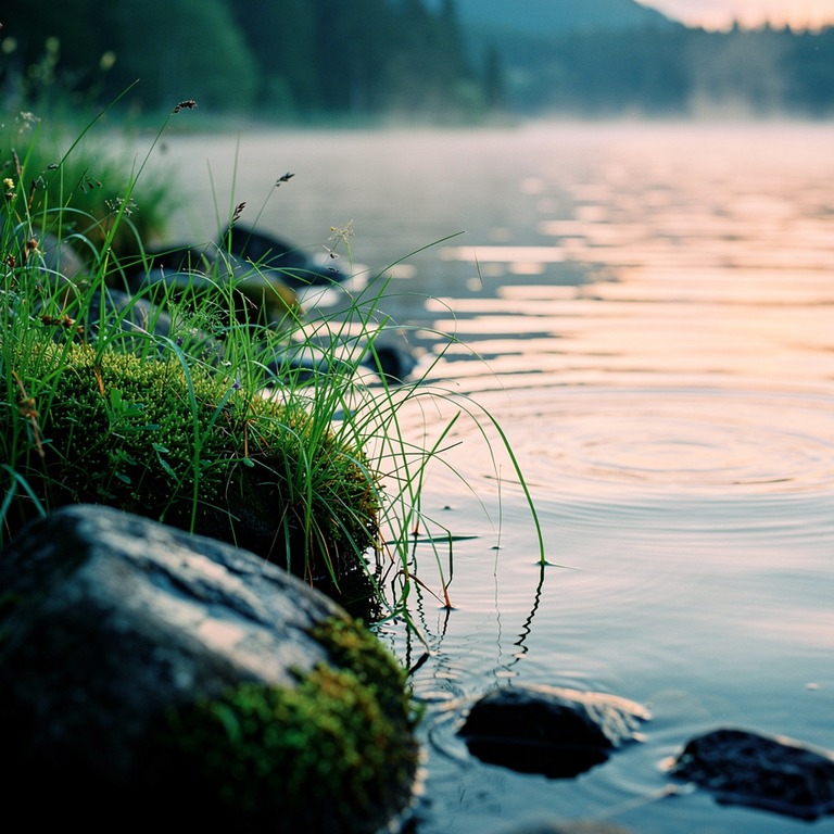 A serene landscape of a tranquil lake at dawn, with mist ris... | ShopAyahuascaRetreats