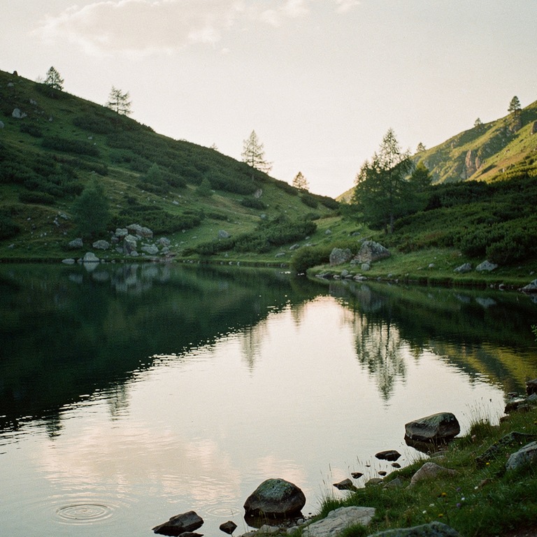 A serene mountain lake at dawn, reflecting a perfectly calm ... | ShopAyahuascaRetreats