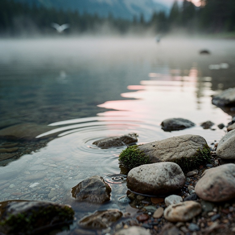 A serene mountain lake at dawn, with mist rising from the ca... | ShopAyahuascaRetreats