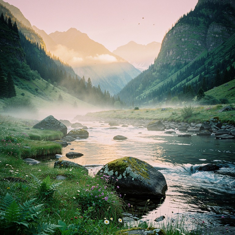 A serene mountain valley at dawn, with mist rising from the ... | ShopAyahuascaRetreats