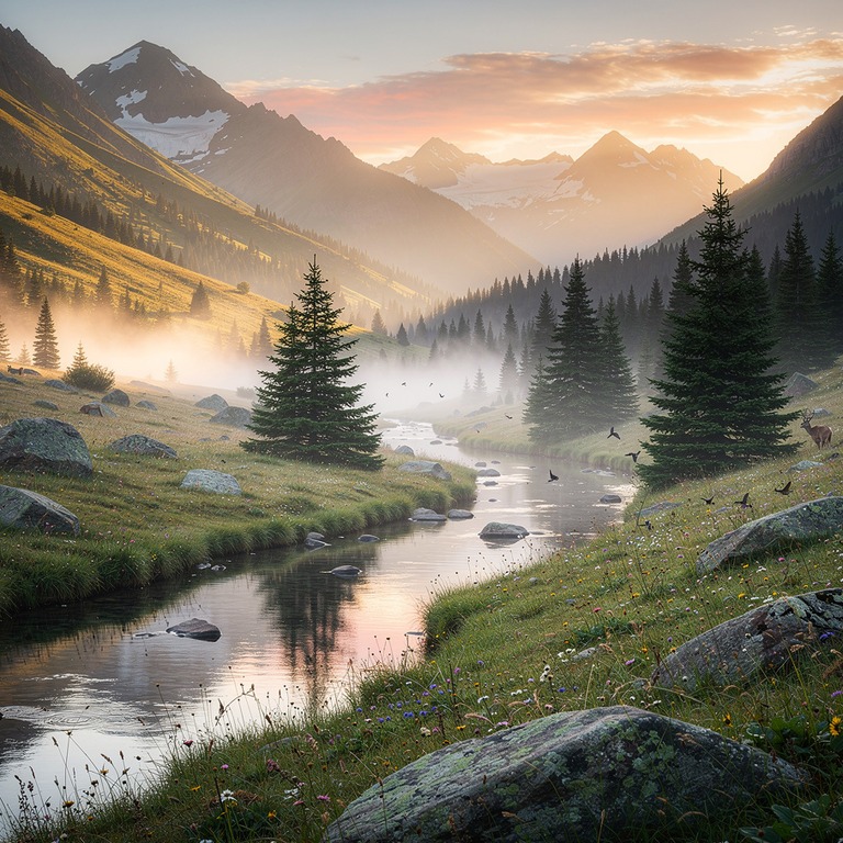 A serene mountain valley at dawn, with mist rising from the ... | ShopAyahuascaRetreats