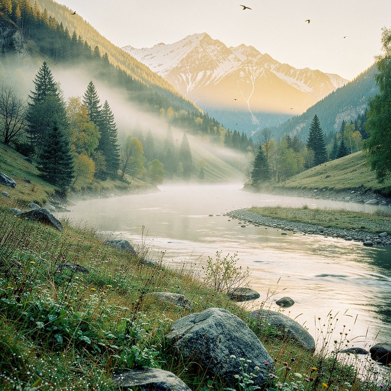A serene mountain valley at dawn, with misty fog lifting off... | ShopAyahuascaRetreats